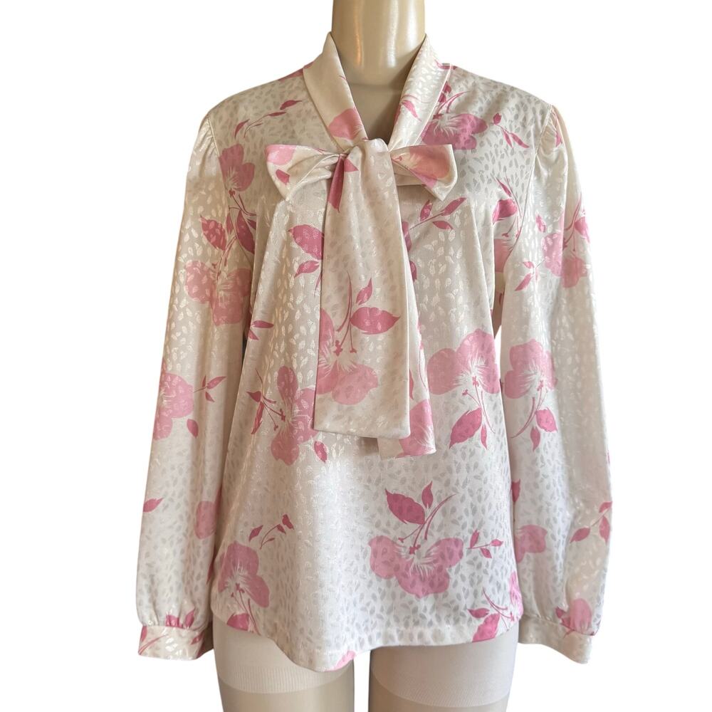 Vintage Devon Pink Floral Tie Neck Blouse Long Sleeve sz M Preppy Secretary sz M